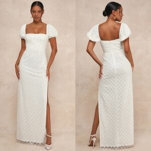 Lulus Incredible Glamour White Sequin Puff Sleeve Column Maxi Dress M Wedding